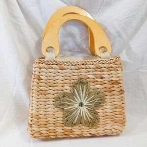 Vintage Faded Glory Straw Handbag Wooden Handle Woven Flower Purse Bag Y2K